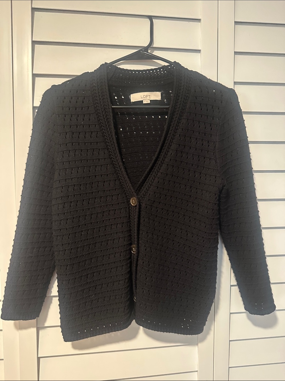 LOFT Black Crochet-Style V-Neck Button Cardigan